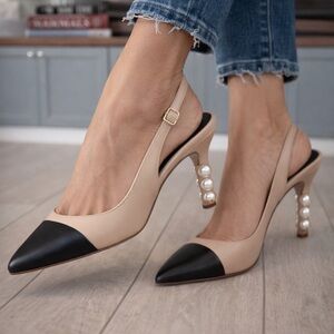 Beige and Black Slingback Heels